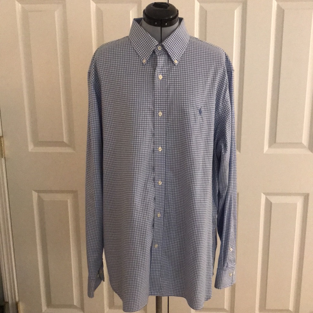 Ralph Lauren Blue & White Small Check Button Down Men’s Long Sleeve Shi